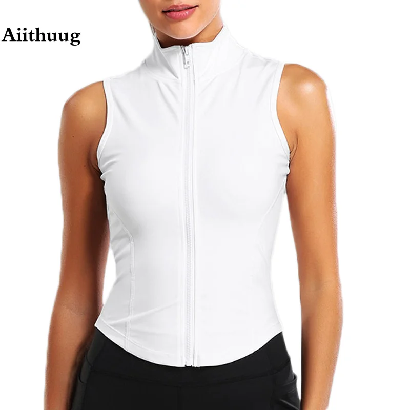Aiithuug 2-kusy v zväzku košele s vysokým krkom Šport Top Atletic Zip Up Swear Vest Bunda bez rukávov Bežné topy jogy fitness