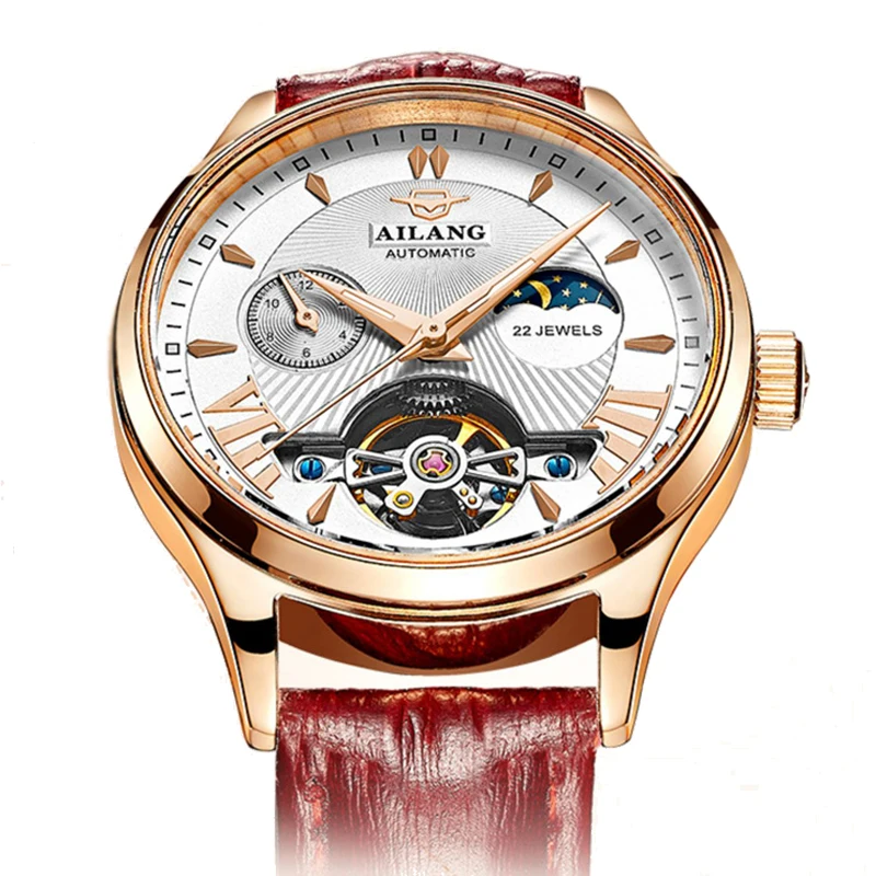 Ailang Luxury Classic Fashion Tourbillon Women Watch Watch Watch Top Automatic Mechanical Lady Watch Moon Phase Fázový remienok Reloj