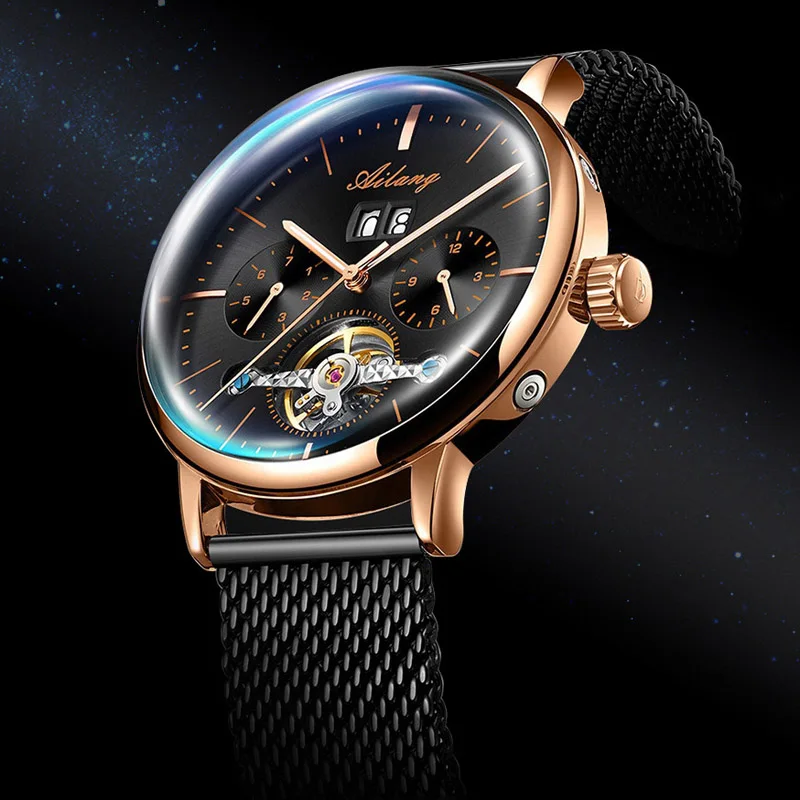 Ailang Men Skeleton Automatické mechanické hodinky Čierny tourbillon muž Full Steel Watches Mens Self-Wind hodinky relogio maskulino