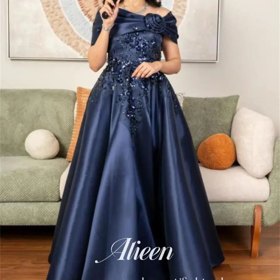 Aileen Navy Blue Prispôsobená lesklý satén 3D kvety Elegantné dámske luxusné svadobné šaty Saudské večerné šaty 2024 Žena