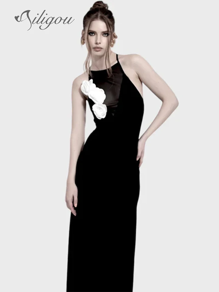 Ailigou nové letné dámske dámske čierne sexy sexy bez rukávov White Flower Tesné dlhé obväzy Elegantné celebrity večierky Večerné šaty
