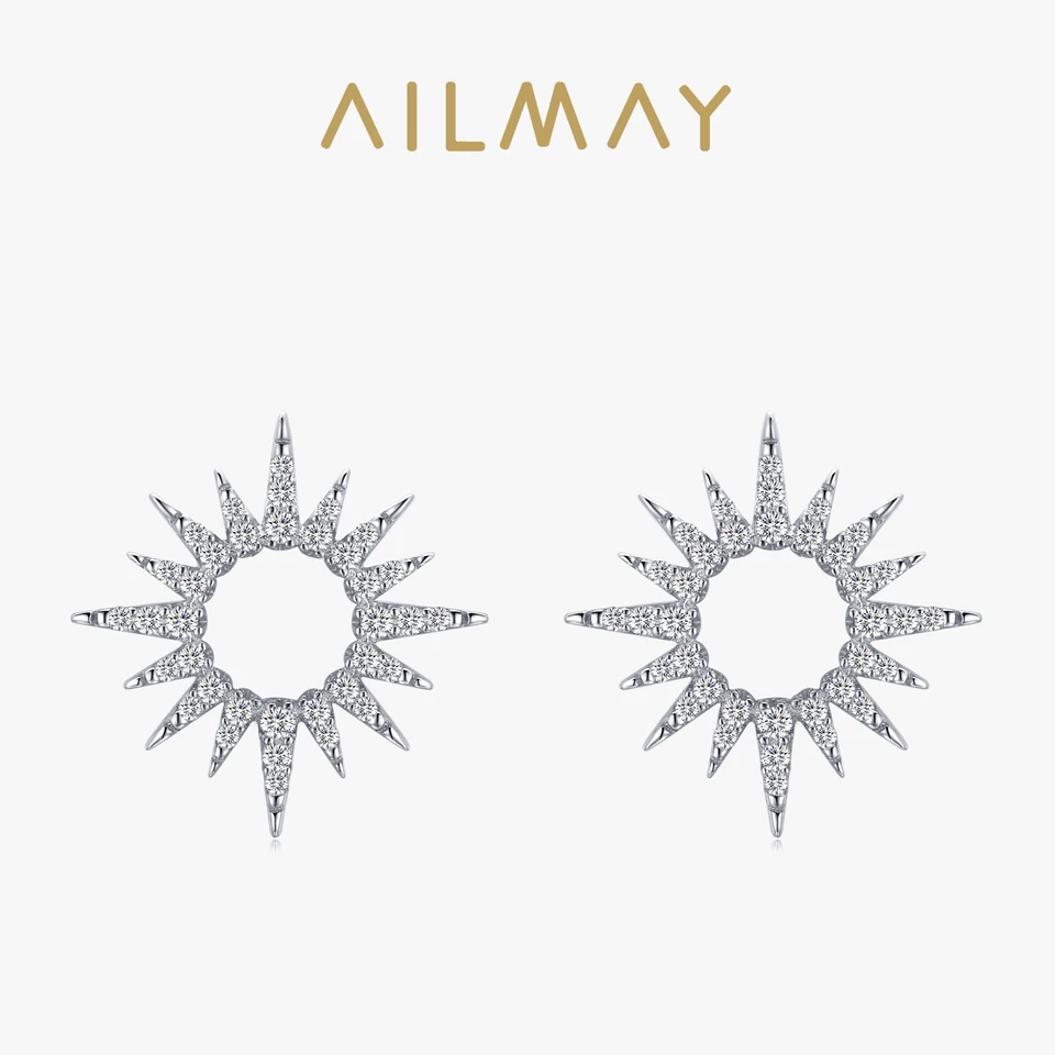 Ailmay 925 Sterling Silver Fashion Sun Sun Kvetový tvar šumivý kubický Cz Stud náušnice pre ženy jemné svadobné vyhlásenie šperky