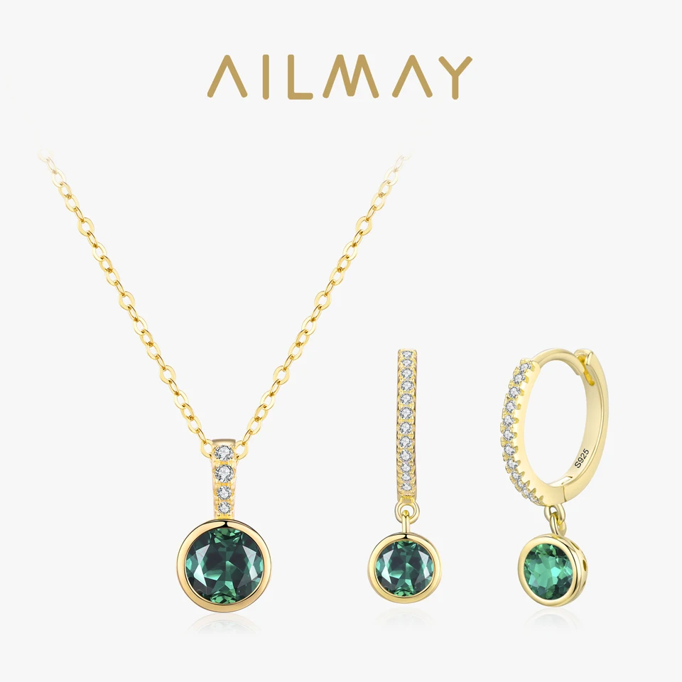 Ailmay 925 Sterling Silver Luxury 14k zlaté šperky sada Emerald Green Cz náhrdelník a náušnice obruče pre ženy Darček svadobné šperky