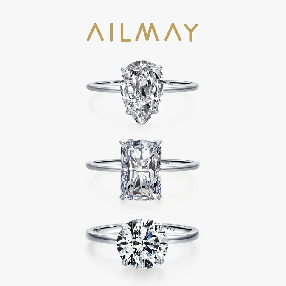 Ailmay Luxury Cutting Clear Cz Ring Solid 925 Sterling Silver Classic Fing For For Women Svadobné zásnubné šperky darček