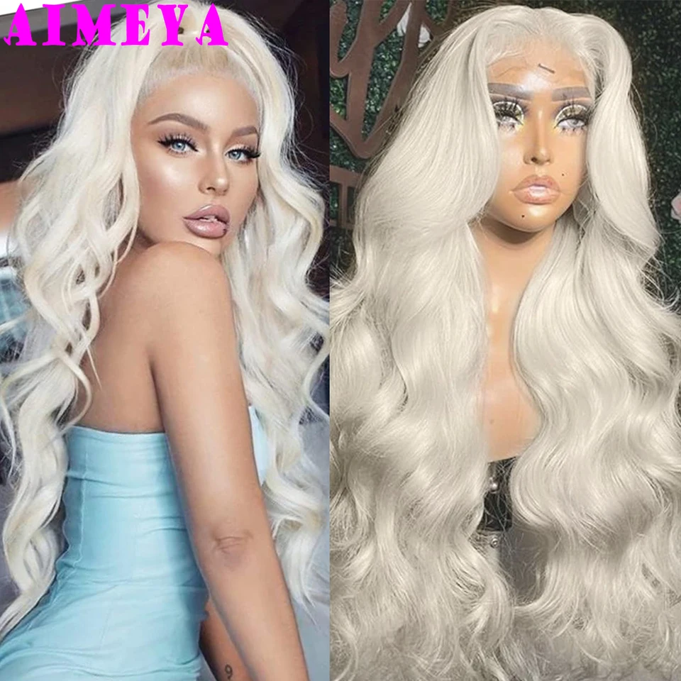 Aimeya 13x6 Platinová blondínka Lace predná parochňa Dlhá vlna tela syntetická parochňa pre ženy zadarmo