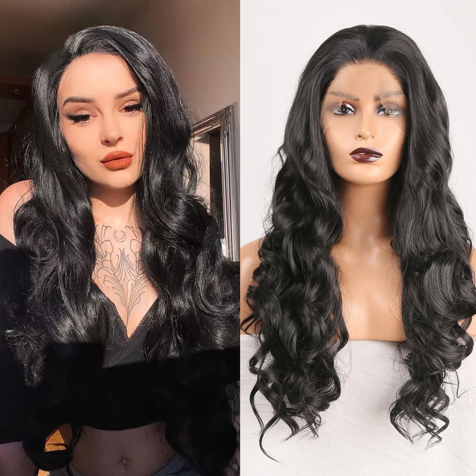 Aimeya Loose Wave 13*4 Lace Front Syntetické parochne Dlhá čipka predná parochňa s vopred vytrhnutým natrural vlasovým vlasom čierna syntetická čipka parochňa