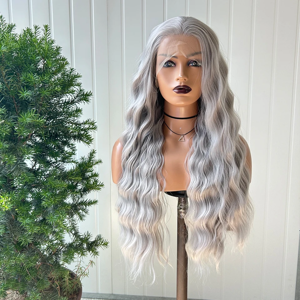 Aimeya Syntetické sivé vlasy parochňa Dlhá voľná vlna čipky predné parochne pre ženy voľná časť syntetická čipka parochňa prírodná vlasová línia Cosplay