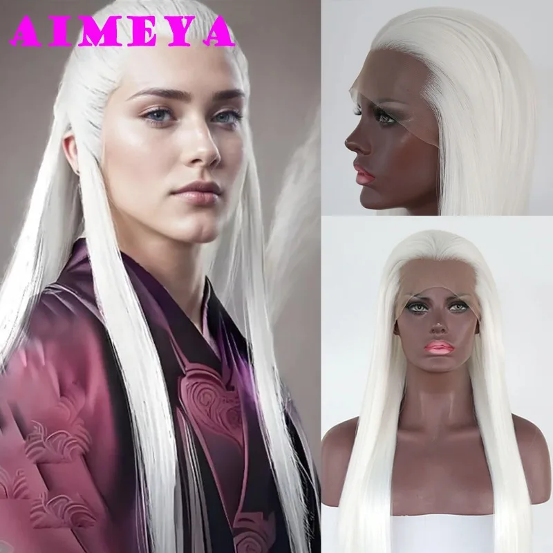 Aimeya White Cosplay Wig Widow's Peak Syntetická čipka predná parochňa dlhá hodvábna rovná syntetická čipka parochne Ázijské starodávne kostýmy