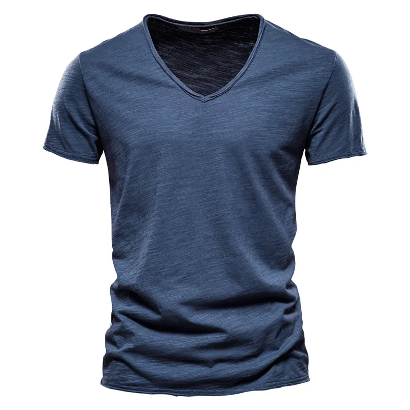 Aiopeson 100% bavlnená muži Tričko V-krk módny dizajn Slim Fit Soild Tričko mužské vrcholy Tops Tops krátke rukávy tričko pre mužov