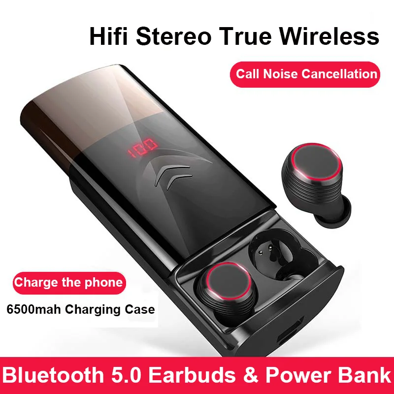 Airoha Bluetooth 5.0 Slúchadlá čipov 6500 mAh nabíjacie boxové banka HIFI 9D stereofónny headset v uši športovo vodotesné slúchadlá