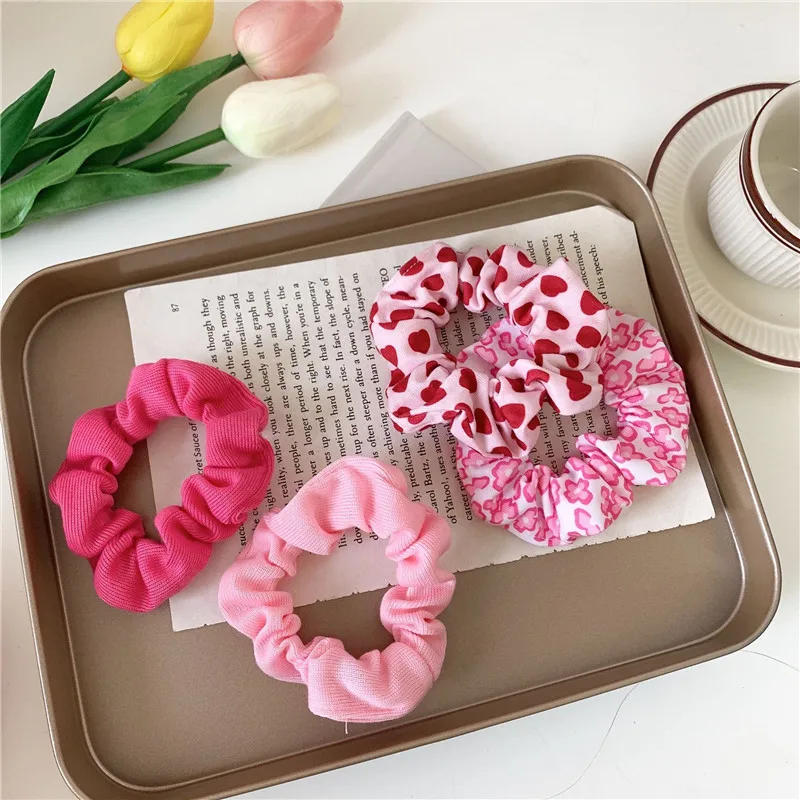 Aishg Sweet Pink Love Flower Hair Band pre dámske koreanské lano gumové gumové kapela cytail držiak čelenky čelenky vlasové doplnky
