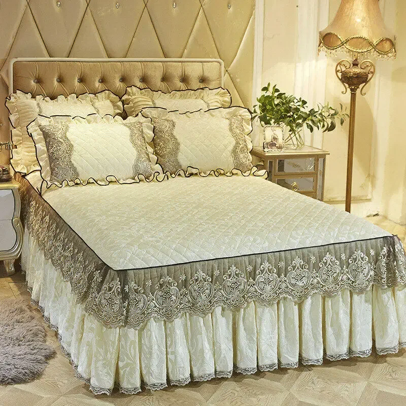 Aiwinsure-Lace Velvet Bedspread King Veľkosť, prešívaná rukavica, posteľ kráľovnej postele s 2 vankúšovými puzdrami, mäkký teplý, európsky