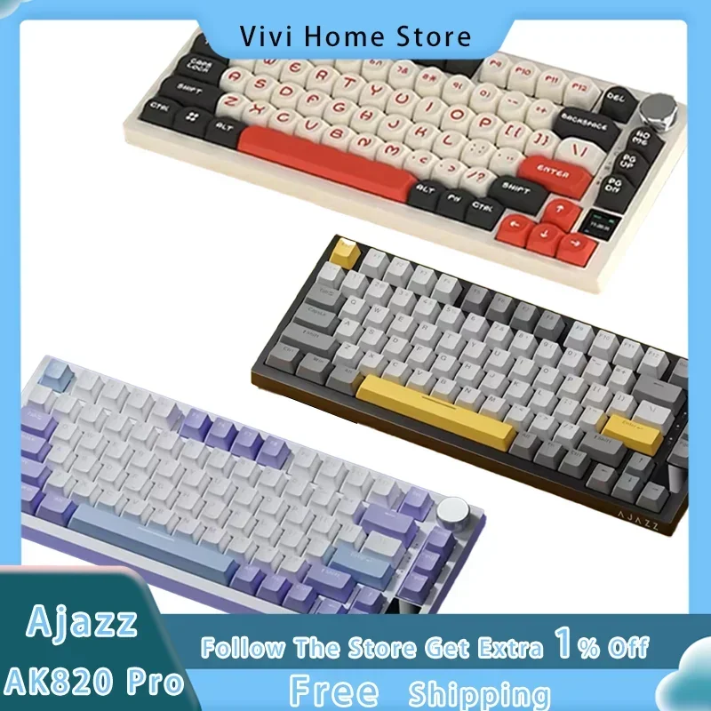 AJAZZ AK820 Pro Mechanical Keyboard 75% vybaveného 3 káblovou/bezdrôtovou/Bluetooth s TFT Screen Game Keyboard pre Mac/PC