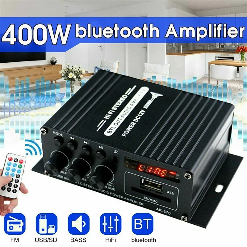 AK 370 HIFI Digital Stereo Audio Power Zosilňovač 2 kanál 400W 12V FM Radio Mic Car Mini Sound Amplificador Board Home Theatre