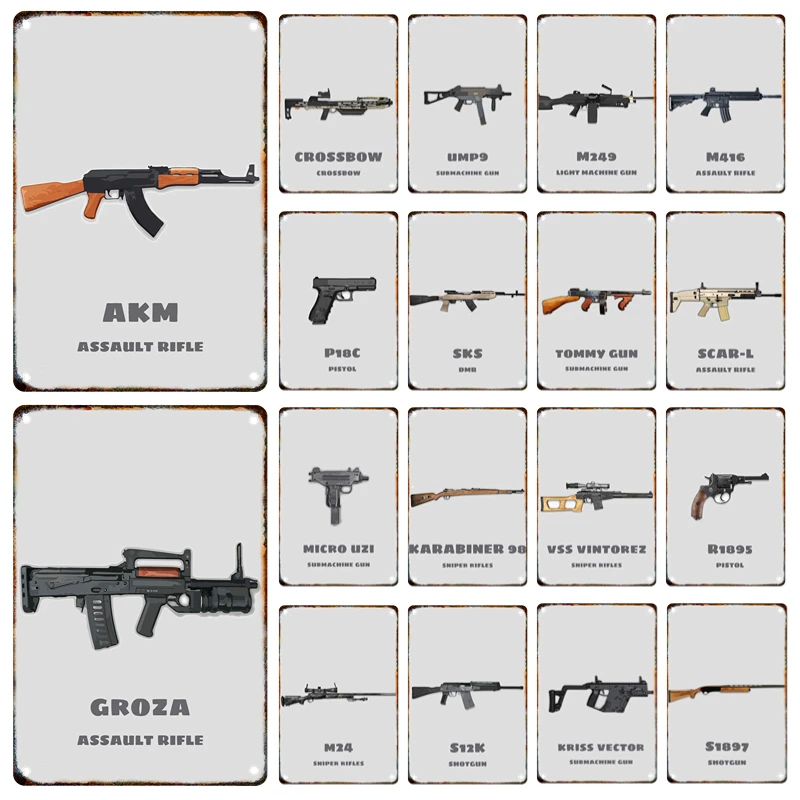 AK47 AWM Gun Weapon Metal Signage Vintage Cín maľba Gun plagát Domov obývacia izba Klub Bar Man Cave Wall Art Dekoratívny darček