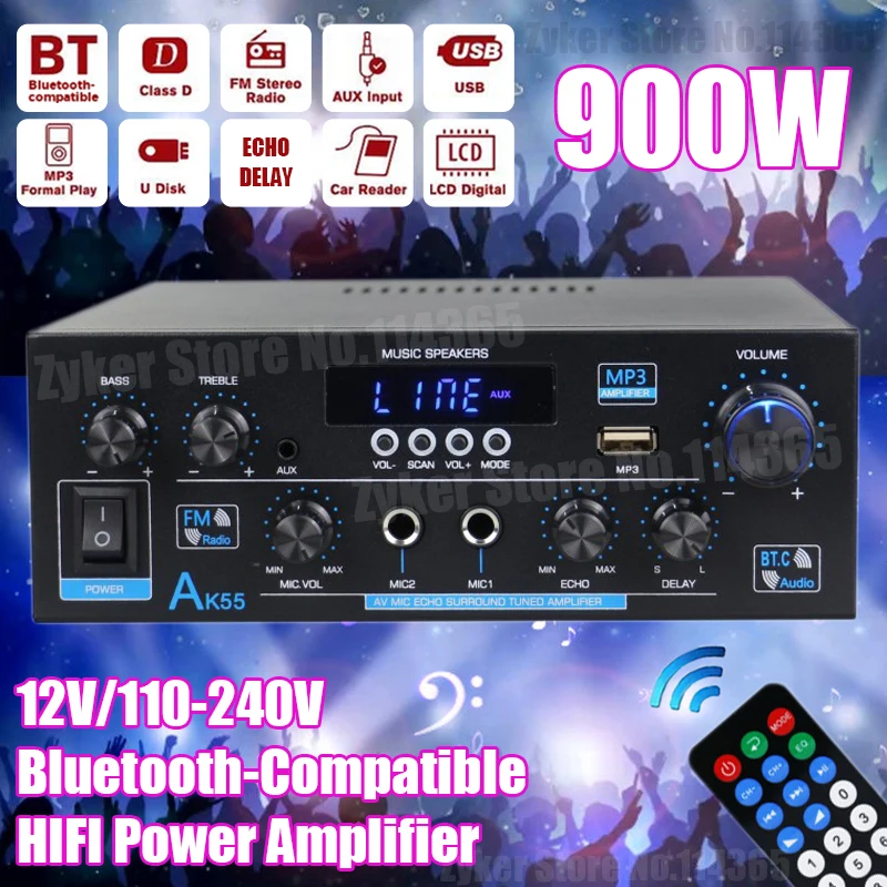 AK55/AK45/AK35 Bluetooth Digital Amplifiers 2 Channel HIFI Stereo Sound Zosilňovač pre domáce auto Karaoke FM USB AMP diaľkové ovládanie