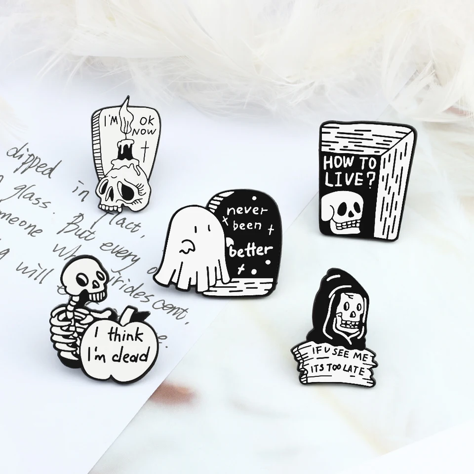 Ako žiť? Kreačný kostrový smaltový špendlík pre ženy Men Funny Death Brošes brošňový dom Tombstone lebka sviečka punk odznak vrecko šperky