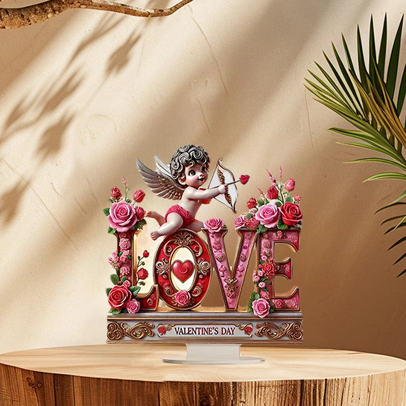 Akrylová Cupid Desktop Ornament s ružovým listom Valentín Romantická dekorácia pre stolovú knižnicu domovskú párty