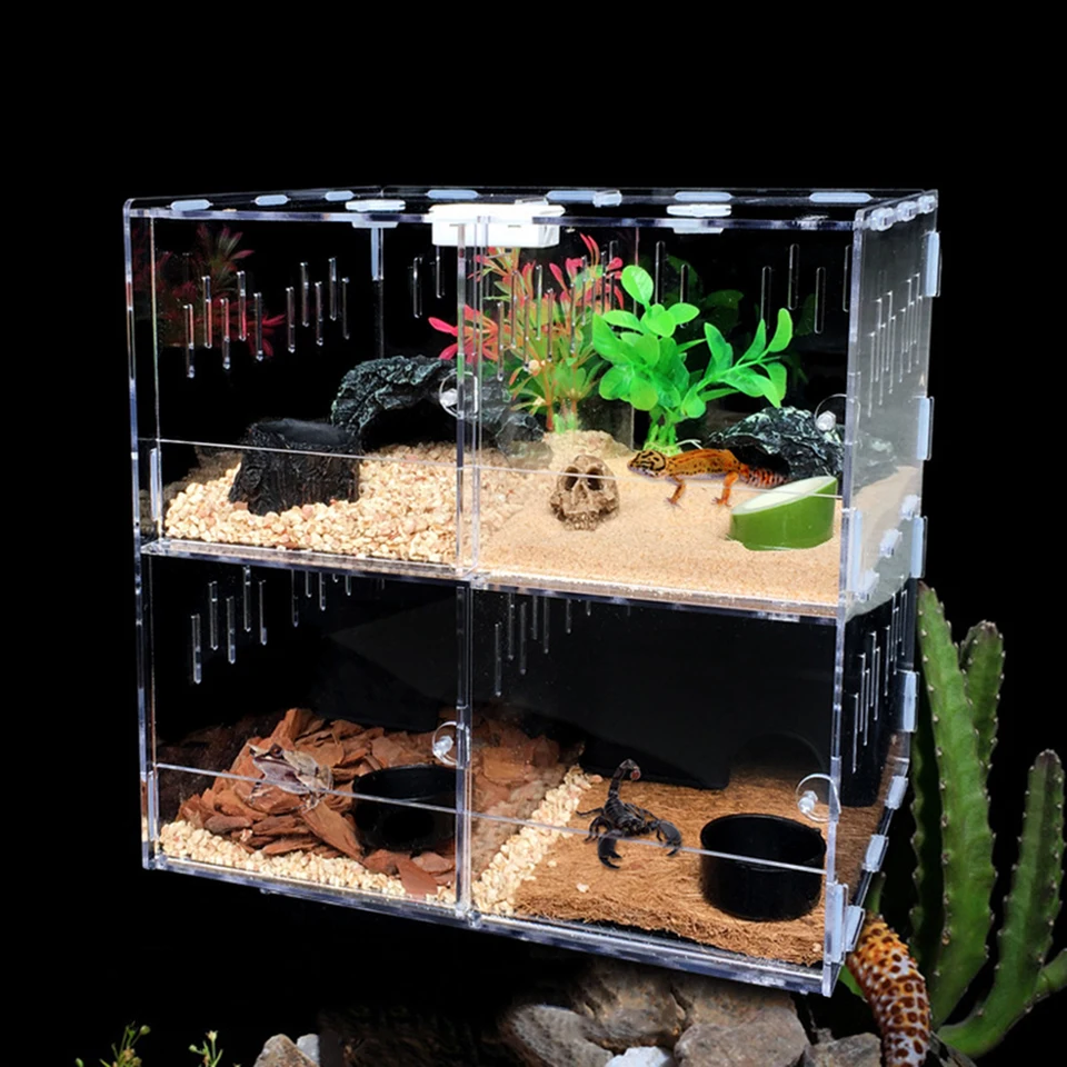 Akrylová Pet Box 4 Grids Reptile Lizard Patinling hmyz chovateľská box