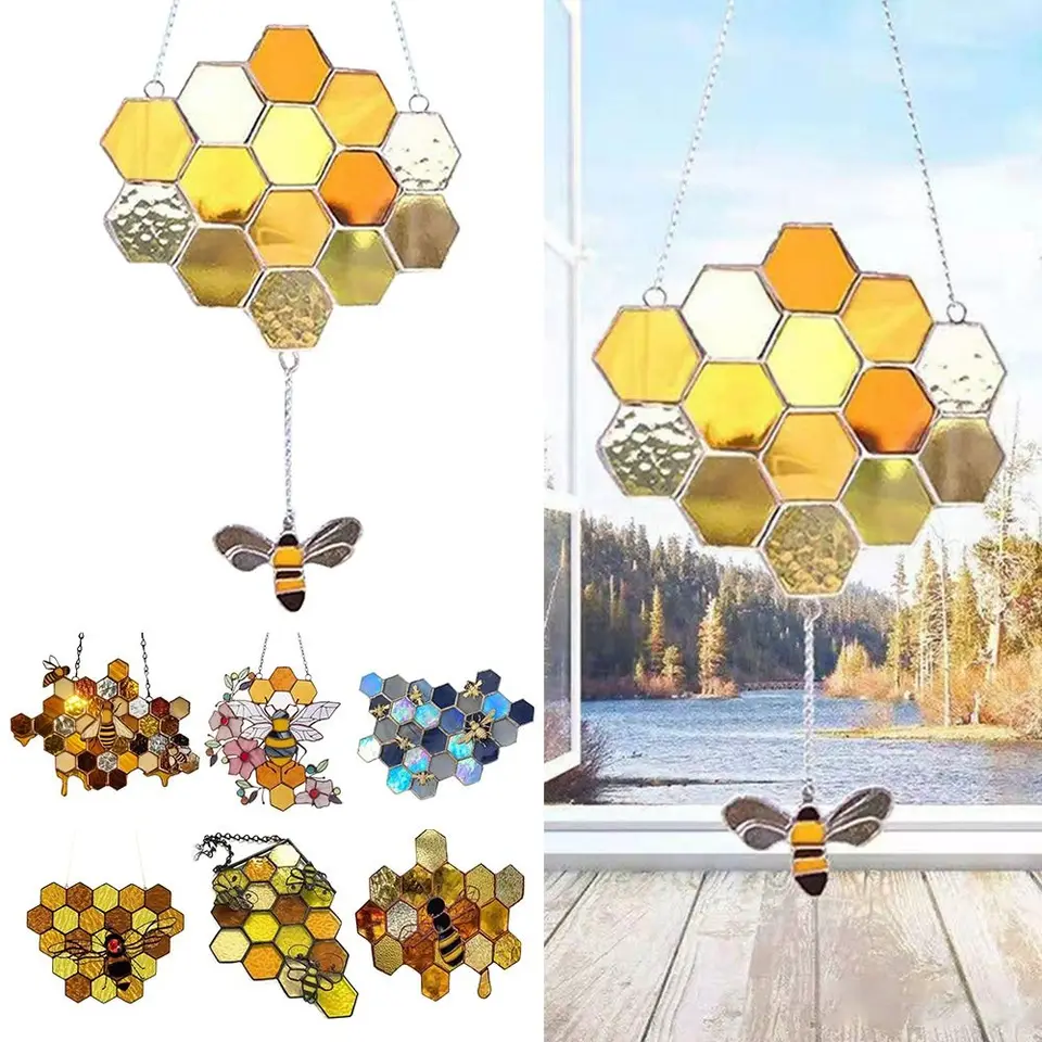 Akrylová svetlá farebná farma záhradný dvor okno Sunshade Domáce dekorácie Honeycomb Hanging Ornament Cartoon Bee