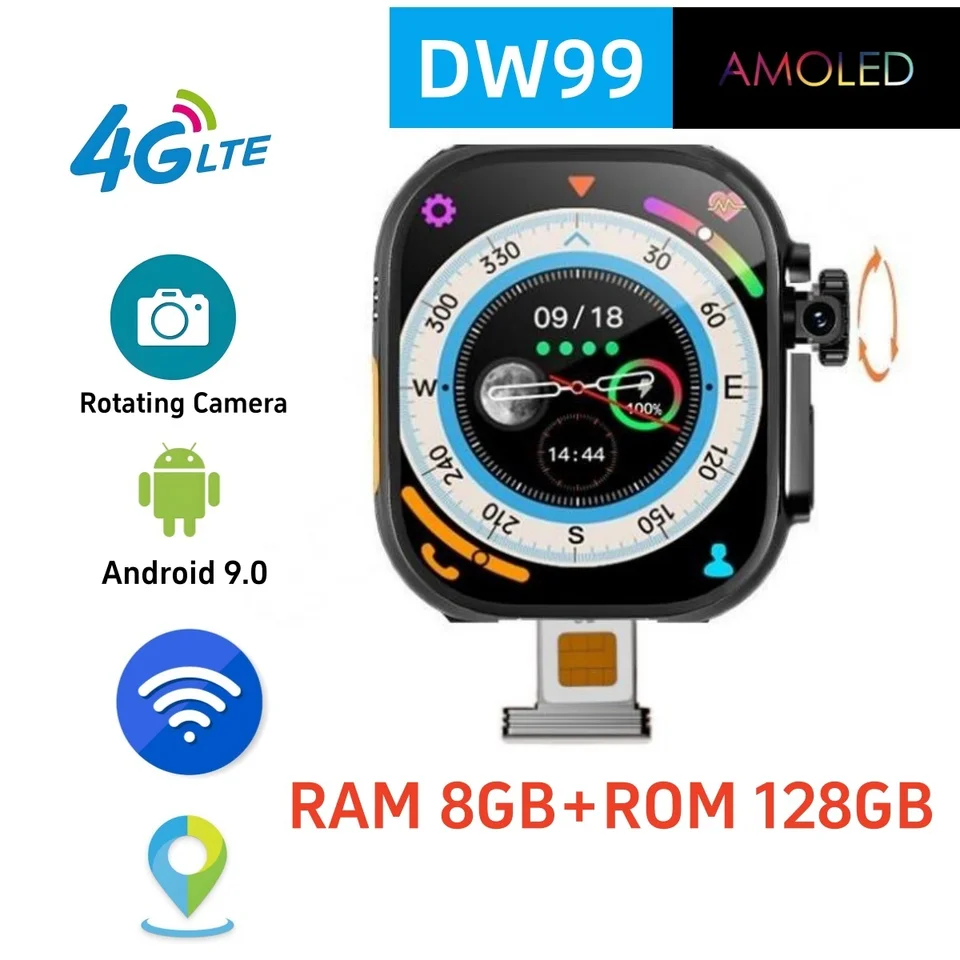 Aktualizovaný Android 9.0 DW99 S9 Ultra Smart Watch 2,2 palca 448*528 AMOLED SCREE 180 ° Rotačná kamera Aplikácia Stiahnite si 128 GB Smartwatch