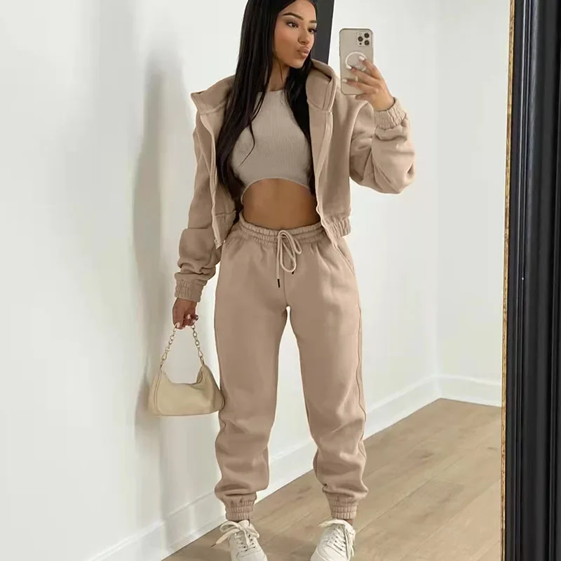 Aktívne nosenie 3 -dielných súprav dámske outfits jesenná zimná bunda s kapucňou + vesta + tepláky športový oblek bežeckári príležitostné súpravy