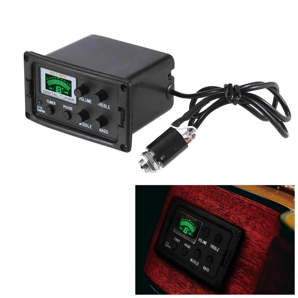 Akustická gitara 3-Band EQ EQ Equitor Tone and Holuge Zosilňovač predzosilňovač piezo snímač s tunerovou fázovou funkciou LCD displej Unibody