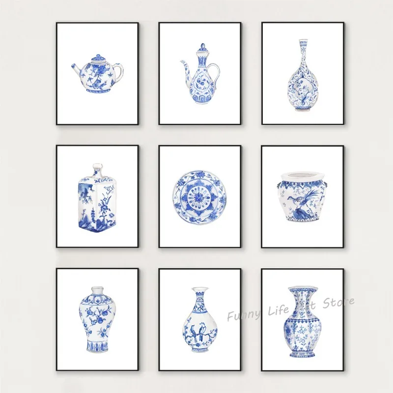 Akvarel čínsky modrý a biely porcelán Vázy Plagáty výtlačky plátno tlače