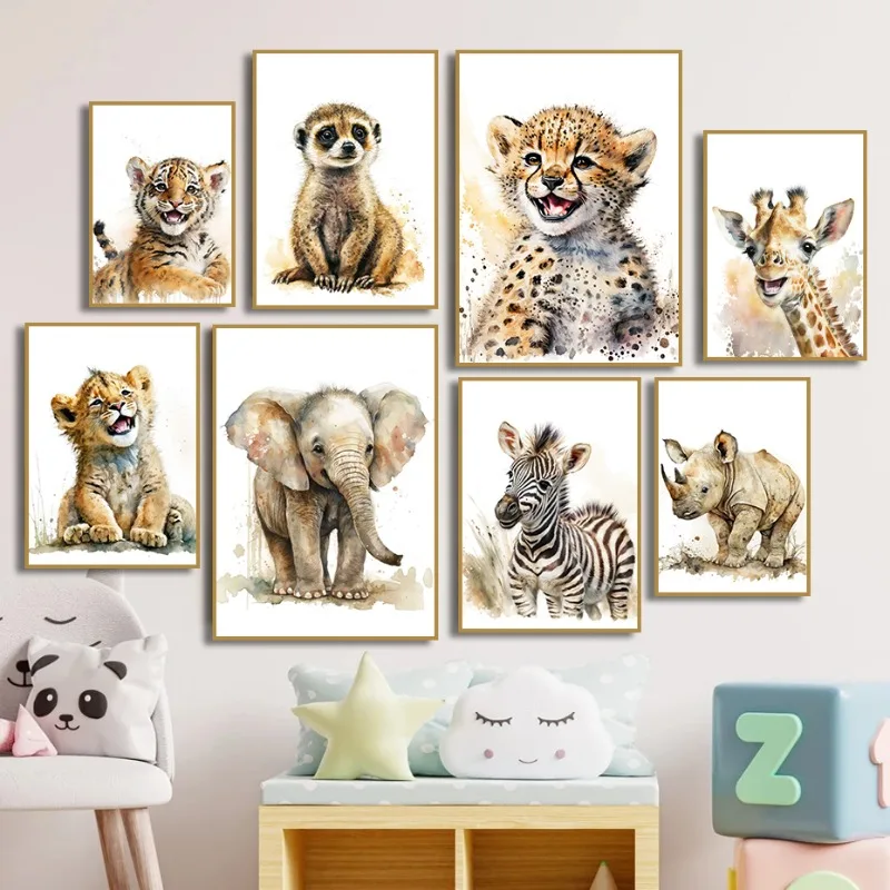 Akvarely zvierat detská gepard girafa slon Meerkat zebra tiger plagát maľba maľba detská materská materská dekorácia cuadros