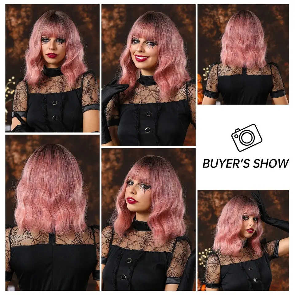 Alan Short Bob Wavy Pink Black Ombre Cosplay vianočná syntetická parochňa