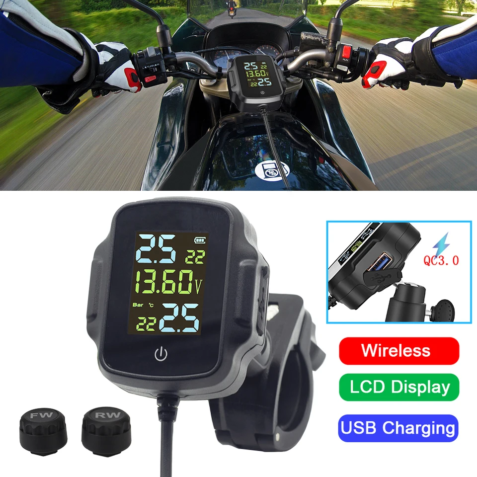 Alarmový systém teploty pneumatík USB nabíjačka Motocykel TPMS s 2 externými senzormi s QC 3.0 pre tablet telefónu