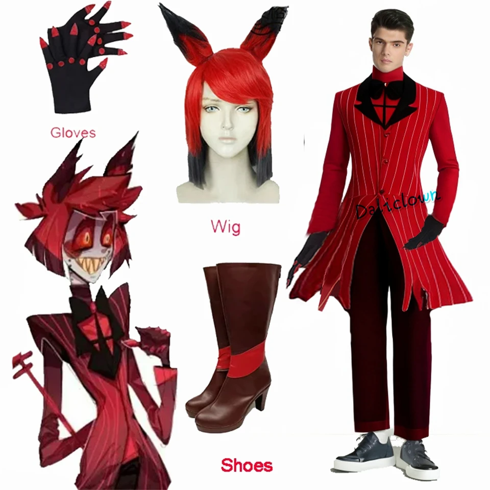 Alastor cosplay hazbin anime cosplay kostým parochne pary hotelové topánky doplnky Halloween Party Uniforma Men Dámsky bunda červený oblek