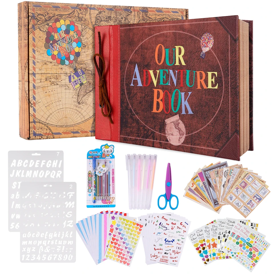 Album Adventure Book Scrapbook Album 11.9 x 7,6 palca 80 strán ， 3D retro vyrazený list tvrdý obal film Up Svadba, vianočné darčeky