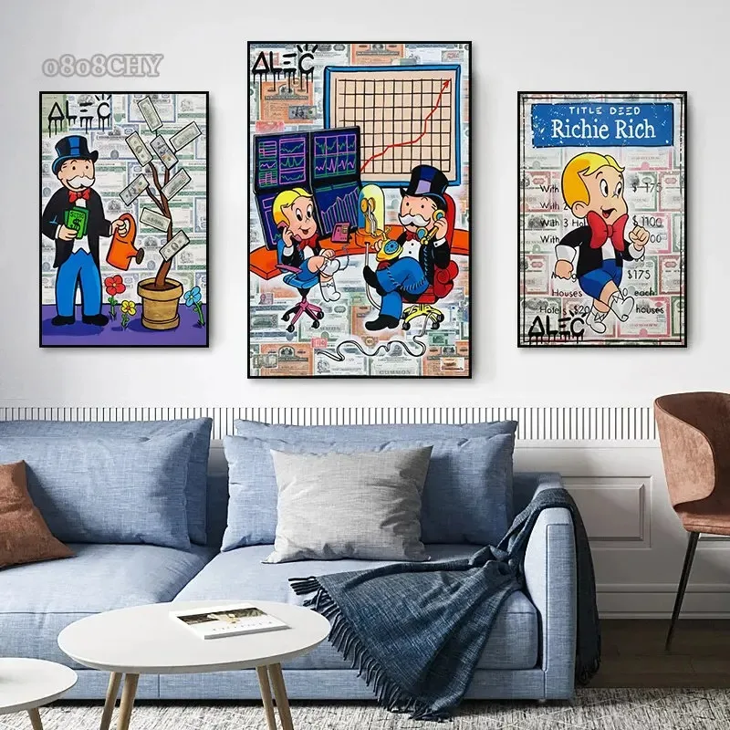Alec Monopoly Art Plagát a monopol Richie Dollar Bitcoin Motivačné výtlačky Art Canvas maľba nástenné umelecké obrázky domov
