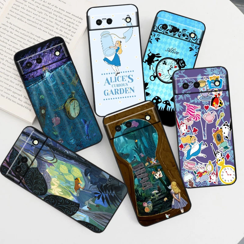 Alice in Wonderland Cartoon pre Google Pixel 9 8 7a 7 6a 6 5a 5 4a XL 5G 5G Čierny kremíkový šokpropproof Funda Puzdro