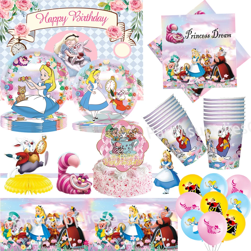 Alice in Wonderland Disney Party Supplies Balóny Cup Cup Plates Strup Setware Set pre deti bábätká narodeninová oslava dekorati