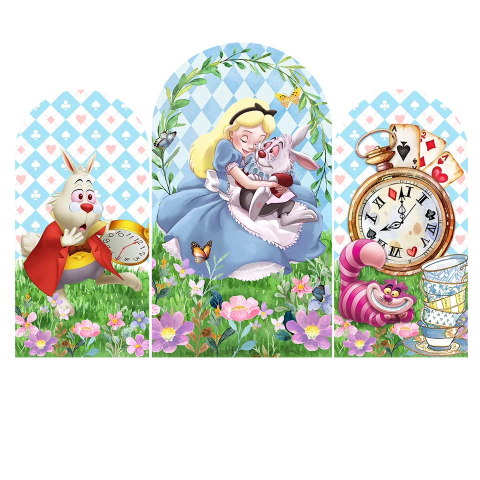 Alice in Wonderland Gardent Heme Arch Cover Cover Cover White Blue Clock Key Dievčatá narodeninová oslava Chiara Pozadie