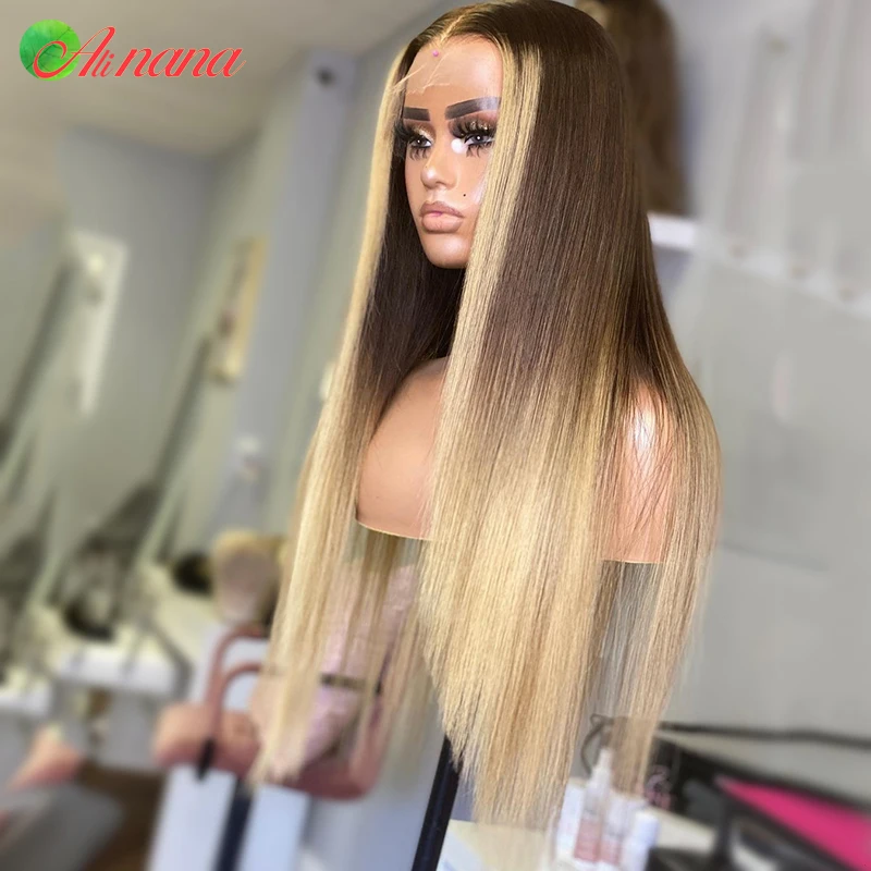 ALINANA OMBRE WIG 4/27 Blonde farebná čipka čelné ľudské vlasové parochne pre ženy vopred vytrhnuté priame priehľadné čipkové parochňa 30 palcov