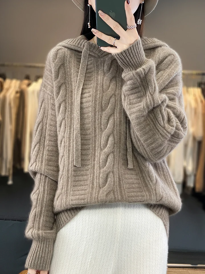 ALISELECT Vysoko kvalitné ženy nadmerne nadmerné jesenné zimné zimné mäkké 100% merino vlnené sveter kašmírové kapucňové pletene