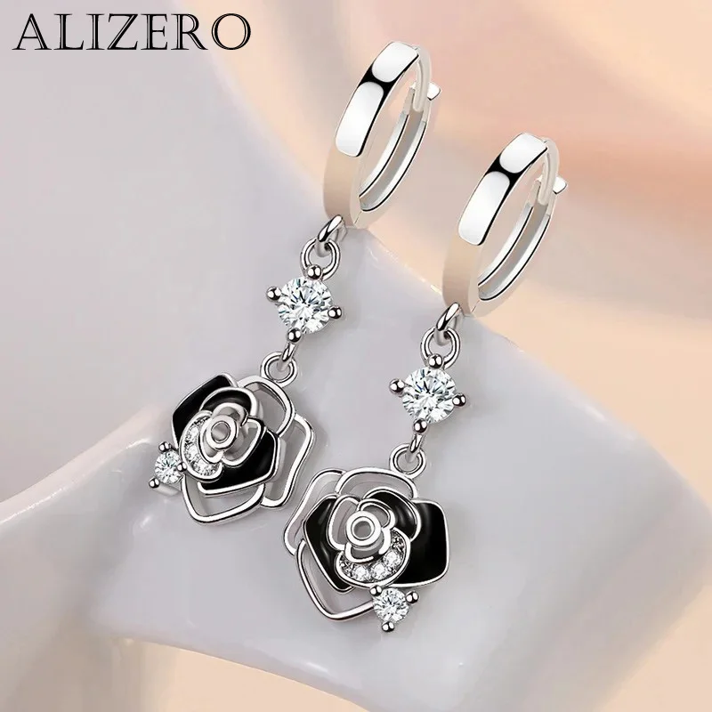 Alisero 925 Sterling Silver Black Rose náušnice pre ženy Šperky Svadobná party Party Lady Zircon Flower Drop náušnice