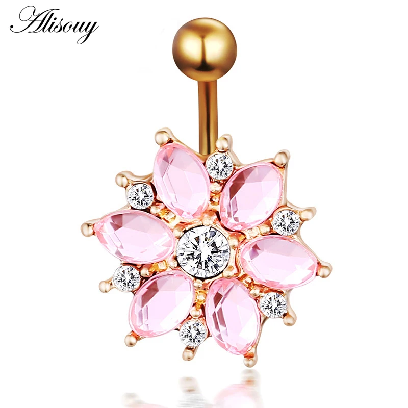 Alisouy 1ks chirurgické oceľové telo piercing šperky kvetina pupok pupok brucha Bar pircing bruško piercing brušné gombíky pre dievčatá