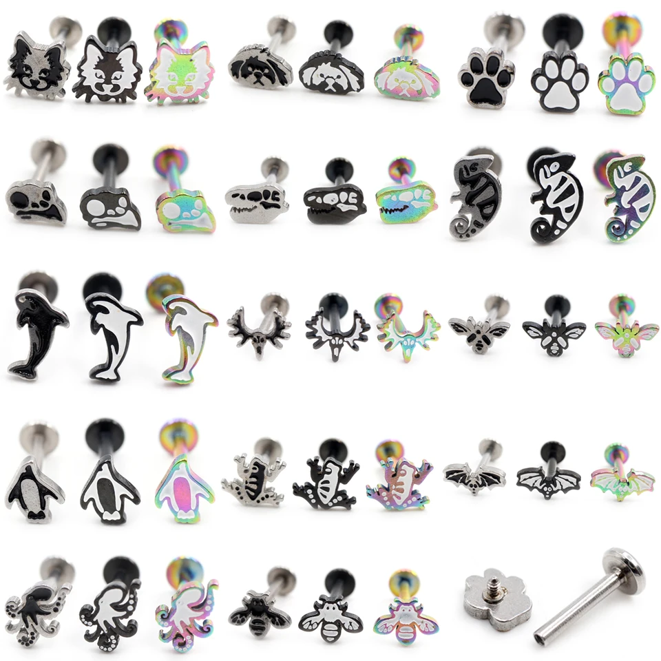 Alisouy 1pc z nehrdzavejúcej ocele Cat Dolphin Dolpin Penguin Tragus Helix Bar Labret Lap Lip prsteň Chrup