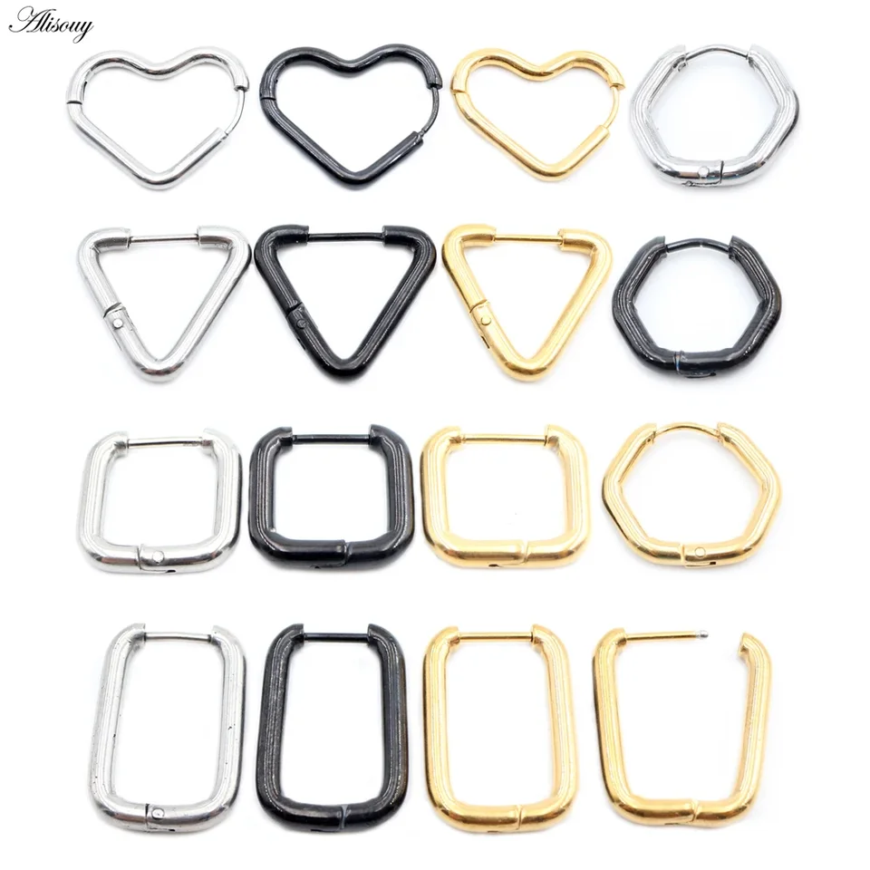 ALISOUY 2PC Fashion Cadless Ocel Hoop náušnice srdiečkový trojuholník štvorcový obdĺžnik Hexagon Ear Ear Helix Clip Huggie Women Men Unisex