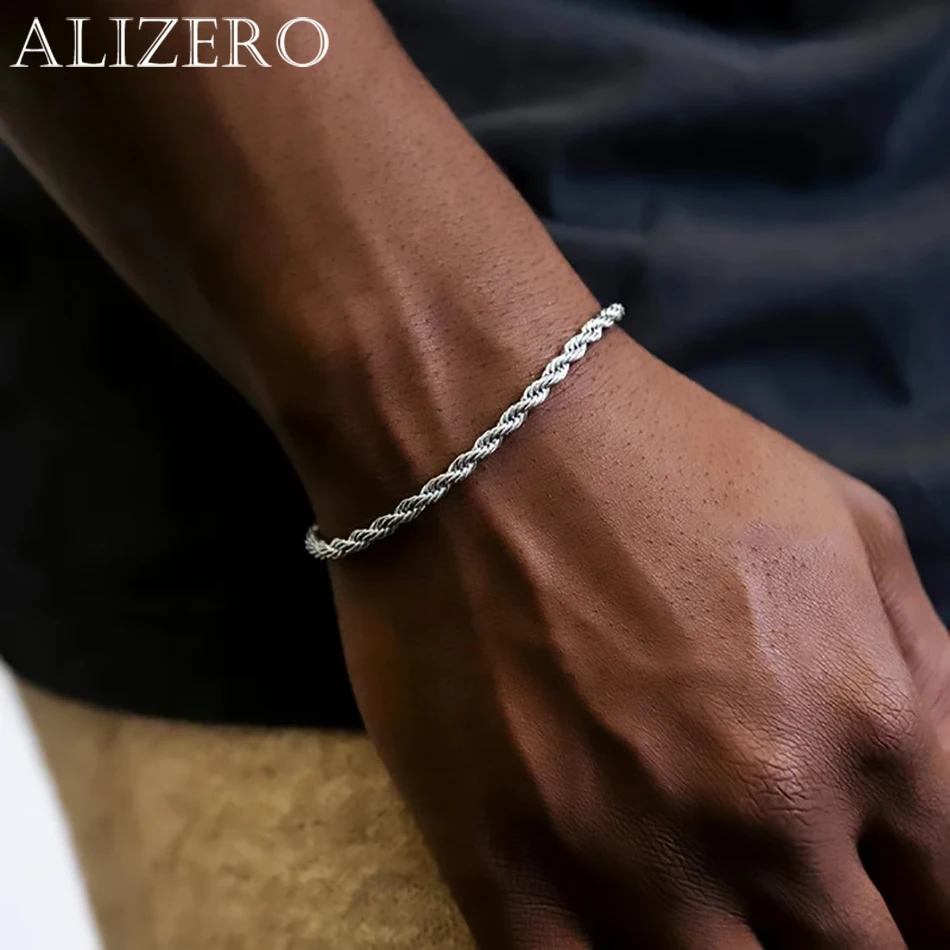 Alizero 925 Sterling Silver Unisex 4mm Ran reťazeu náramky pre mužov Krútené odkazy reťazový náramok Jednoduché klasické šperky