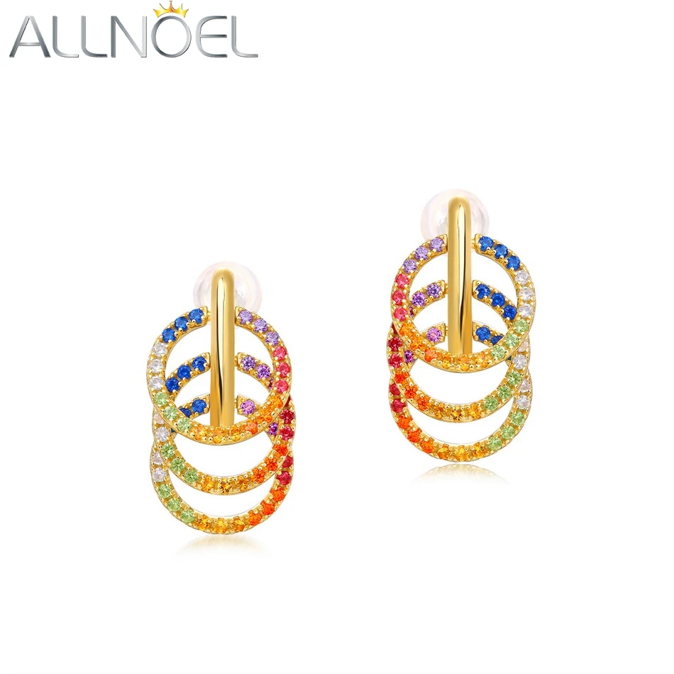 AllNoel 925 Sterling Silver Dangle náušnice pre ženy Zlaté trendy farebné zirkón Rainbow Circle boho elegantné šperky darčeky