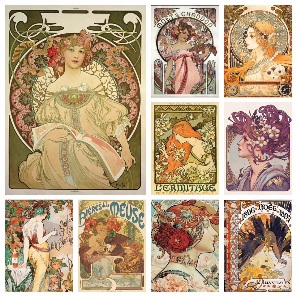 Alphonse Mucha 5D DIY Diamond Painting vyšíva vintage krása nouveau žena krížový steh mozaik