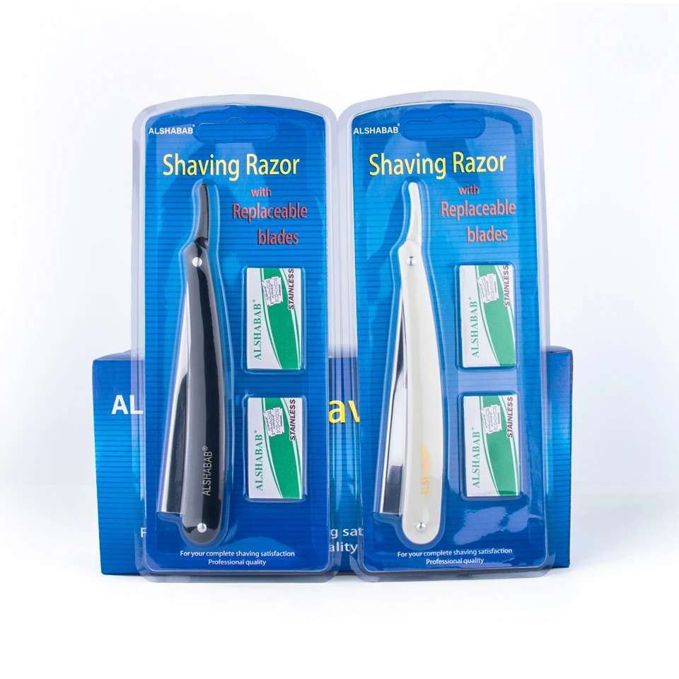 Alshabab Professional Straight Razor Set pre mužov Dvojitá hrana s 2 čepeľami čierna biela farba z nehrdzavejúceho holiaca malíca A-6025