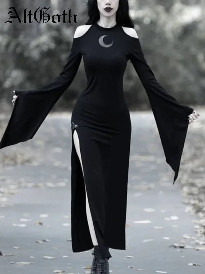 Altgoth estetické tmavé gotické šaty Ženy Vintage streetwear Halloween Moon Dutlow Out Flare Ruckve O-Neck Cosplay šaty ženské