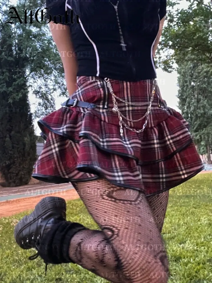 Altgoth Harajuku Cyberpunk Red Plaid sukňa Ženy Gothic Vintage Streetwear Grunge Vysoký pás zips sukňa emo alt y2k clubwear