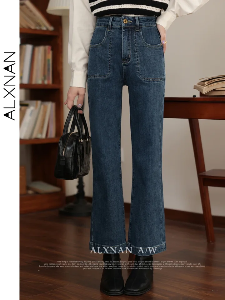 Alxnan členky džínsové džínsy Cotton 2024 na jeseň zima Solid Denim Denim Flare Pants Fashion Príležitostné predávané osobitne LXN31868